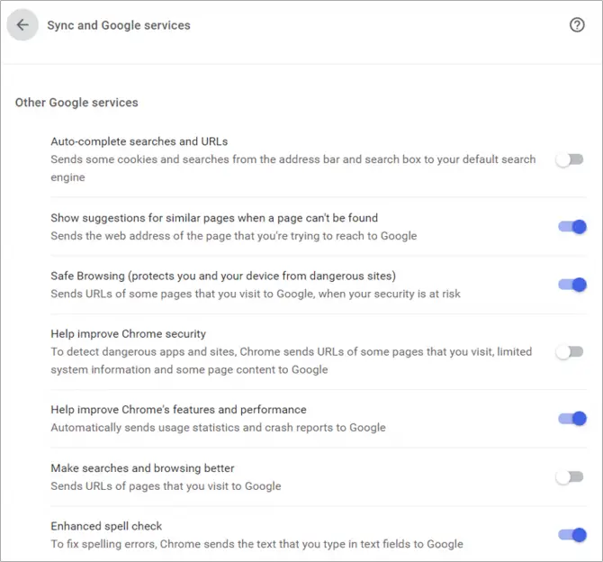 Google Chrome Sync settings