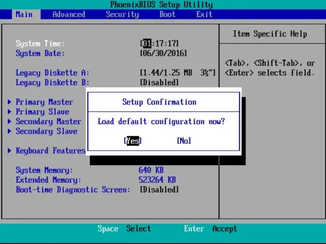 Reset BIOS configuration to default