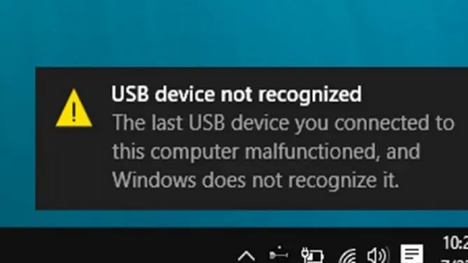 USB device not recognized error on Windows 10