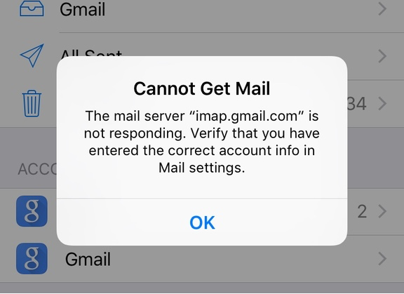 Cannot Get Mail: IMAP is not responding error on iPhone