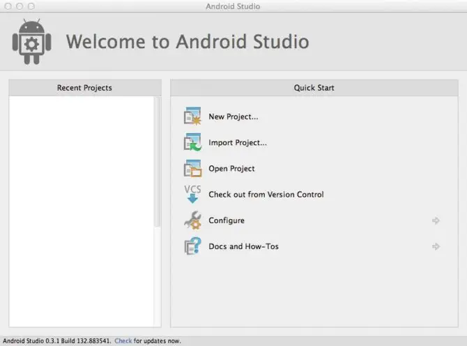 Android Studio dashboard