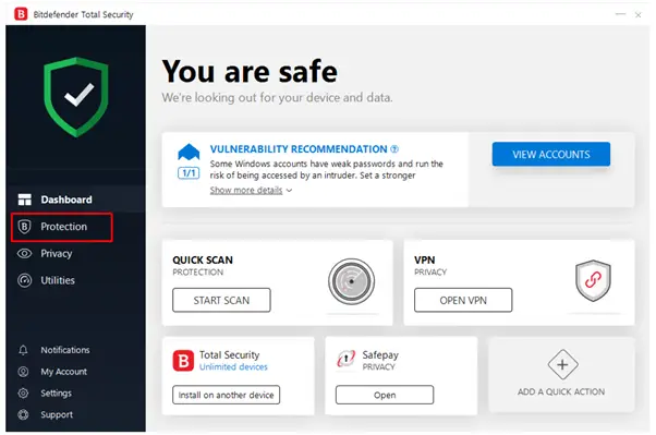 Bitdefender dashboard