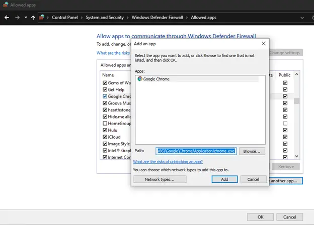 Add Chrome app as an exception