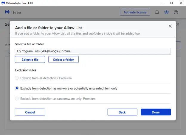 Chrome folder excluded from Malwarebytes