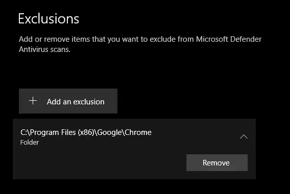 Google Chrome added to exclusions