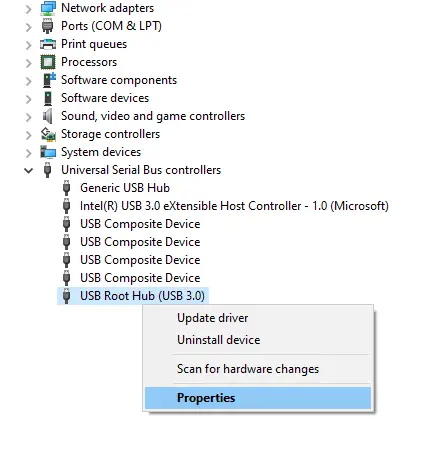 USB Root Hub properties