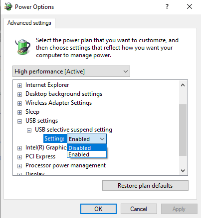 USB selective suspend setting