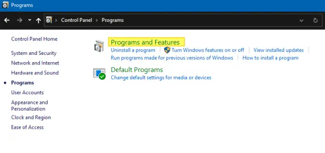 Windows Programs and Features