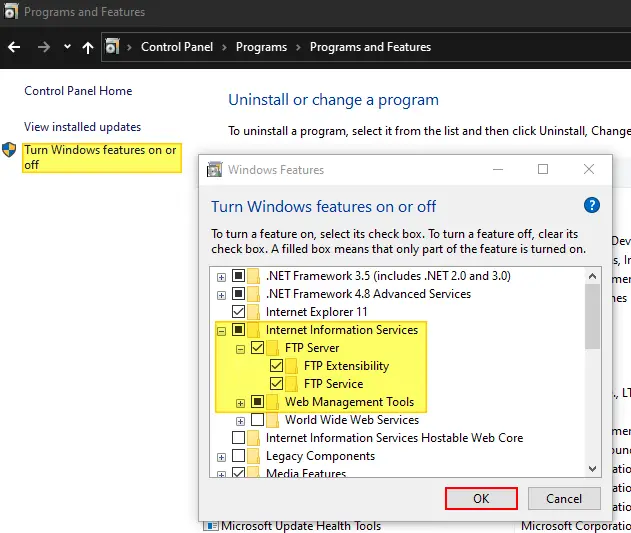 Enabling FTP server on Windows 10