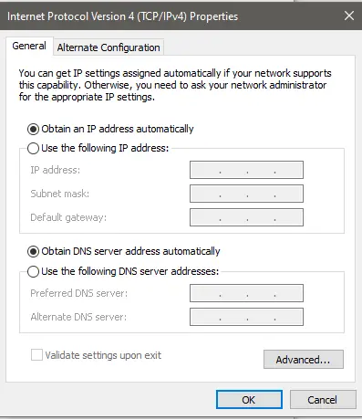 Obtain IP address and DNS server address automatically