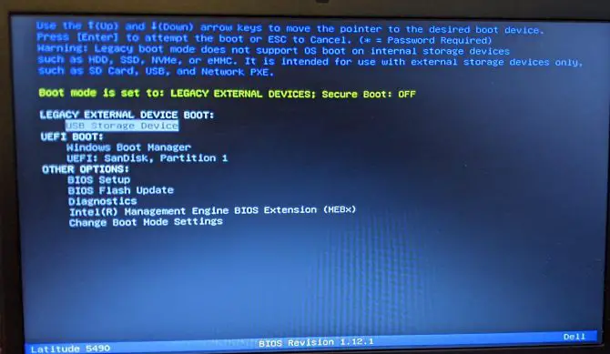 boot mode set to Legacy external devices