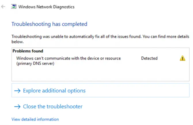 Windows can't communicate with the device or resource (primary DNS server) error message on Windows