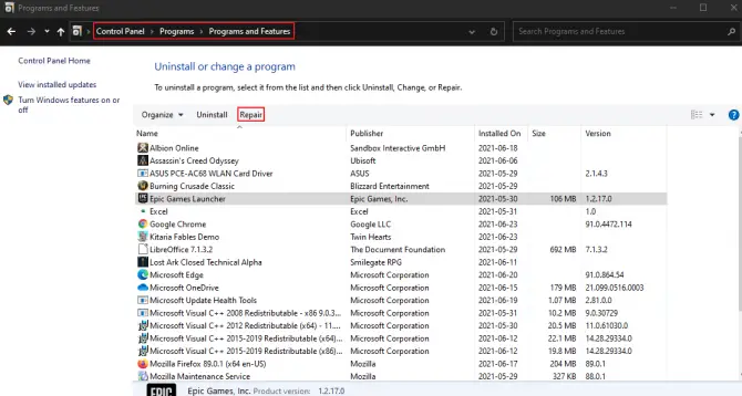 Repair a program using the Control Panel