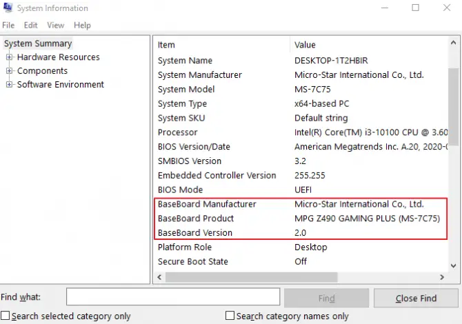 How to see your motherboard's manufacturer, product and baseboard version in system information on Windows 10.