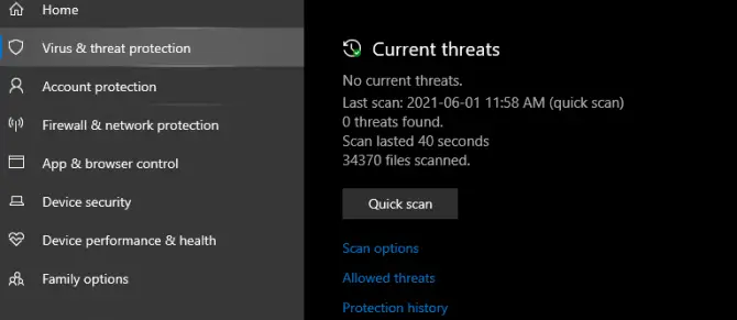 Windows 10 Quick Scan for Viruses.