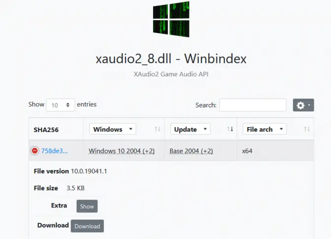 Winbindex - Downloading your chosen file.