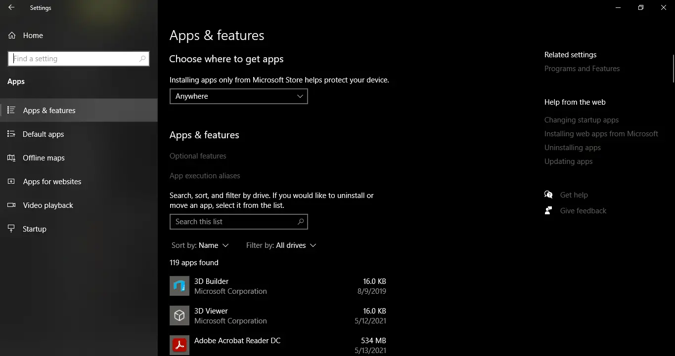 Apps & features window