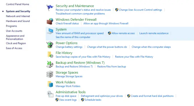 System menu option in Windows Control Panel