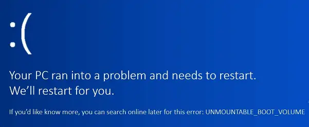 Unmountable boot volume blue screen error on a Windows computer