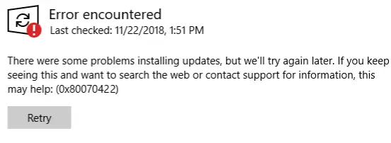 0x80070422 error message on Windows 10