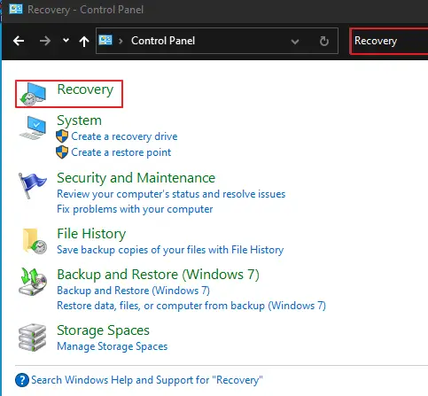 Search Recovery in Top Right & Choose Recovery.