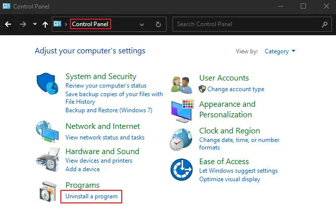 Image of Windows 10 control panel and the uninstall a program option.