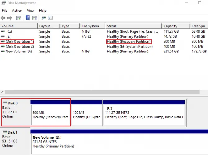 Disk Management Window for Finding Recovery Partition Disk Number