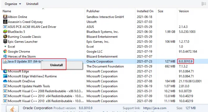 Image of how to uninstall Java and see the version number in the uninstall program function on Windows 10.