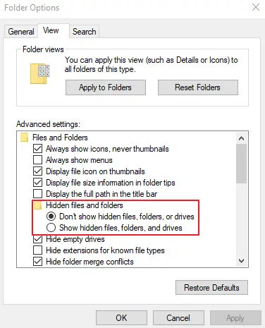 Checkmark the Show Hidden Files, Folders, and Drives Option.