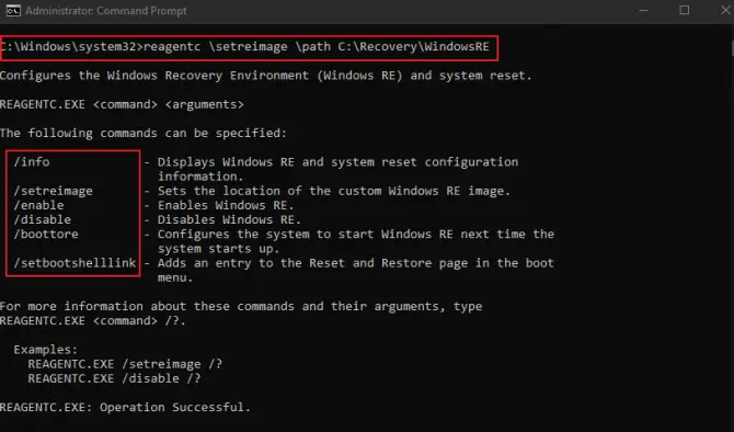 Command Line for Setting the Reimage of the Windows Recovery Environment.