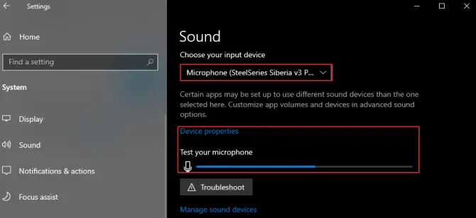 Testing Microphone not working in Windows 10 sounds settings.
