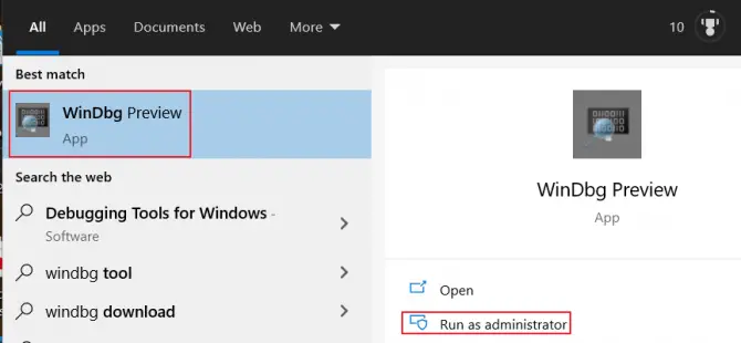 WinDbg Search in Windows 10
