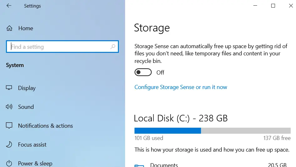Storage Sense for automatic removal of temporary files