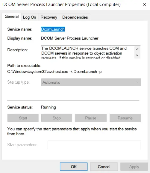 DCOM Server Process Launcher Properties (Local Computer)