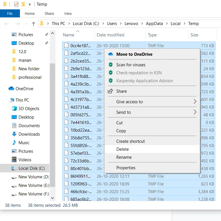 Delete temporary files