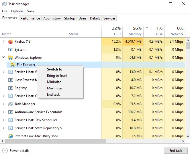 end task if file explorer is not responding