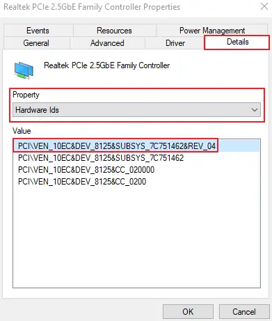 Device Manager - Network Adapter - Properties - Details - Hardware ID