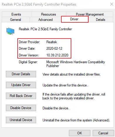 Device Manager - Network Adapter - Properties - Driver Provider - Date - Version