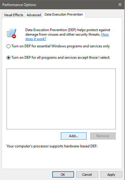 Turn on DEP for all programs and services except those I select