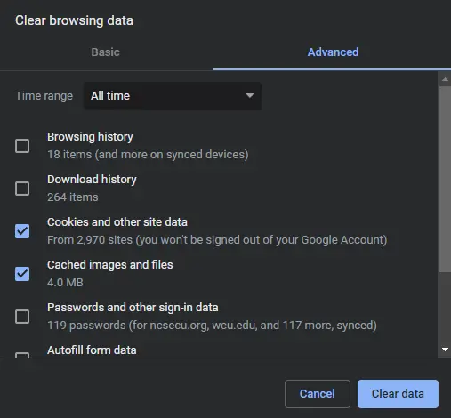 clear browsing data advanced tab