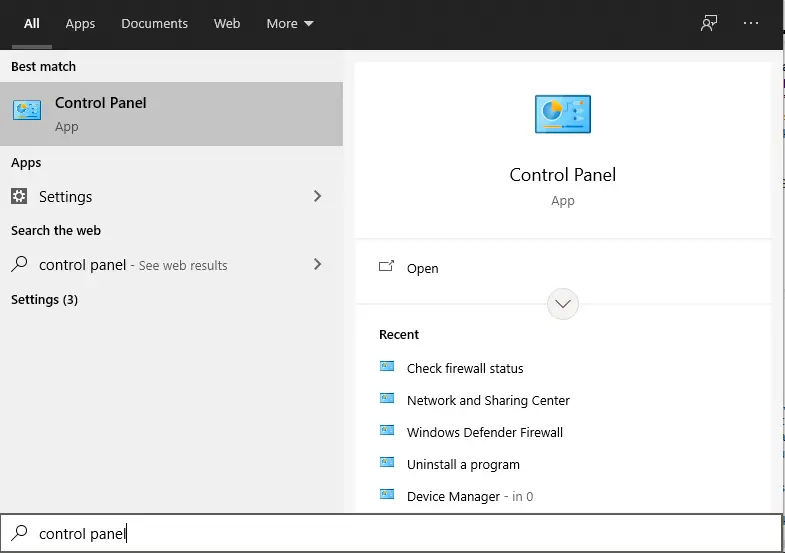 search for control panel