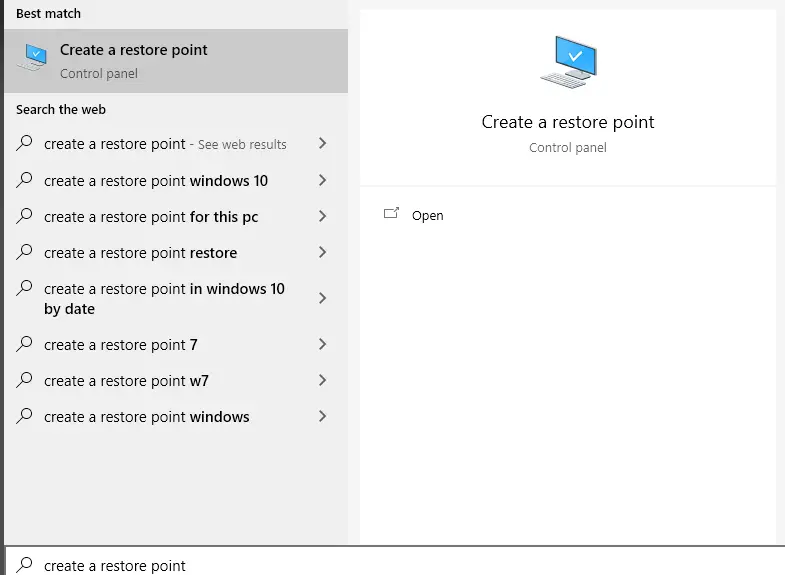 search for create a restore point