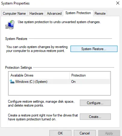 system properties system restore tab