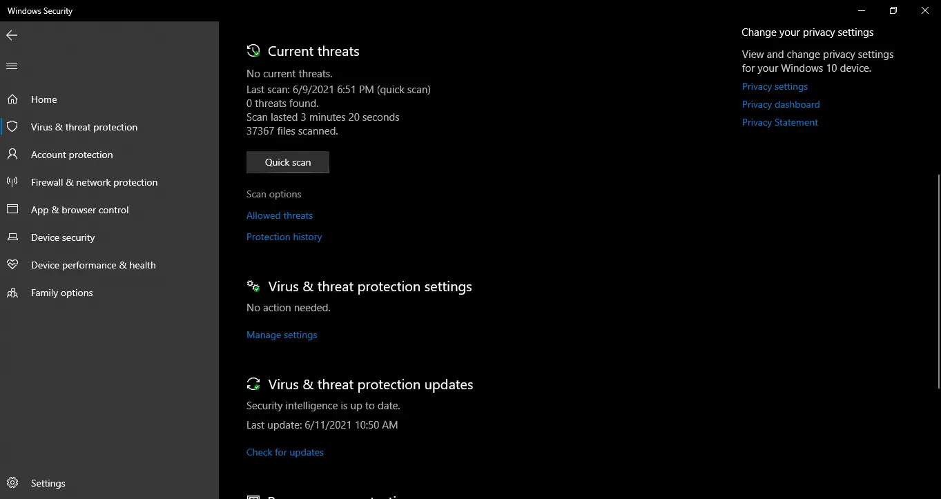 virus & threat protection settings