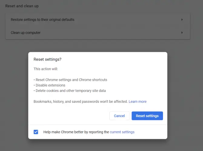 Reset Google Chrome settings