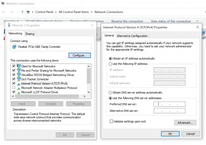 Changing DNS servers in Windows to solve the this webpage is not available issue.