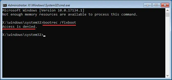 Bootrec /fixboot access is denied error