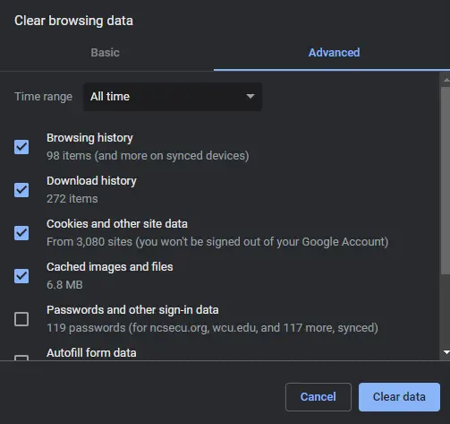 Clear browsing history data to solve the net::err_cert_authority error