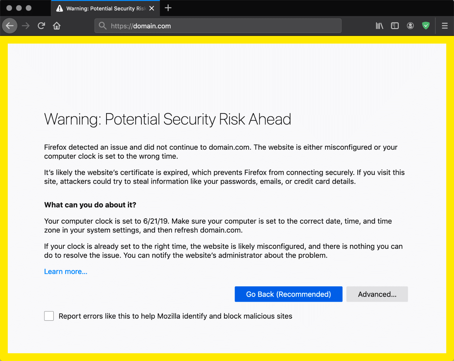 Potential Security Risk Warning, net::err_cert_authority_invalid error on Mozilla Firefox