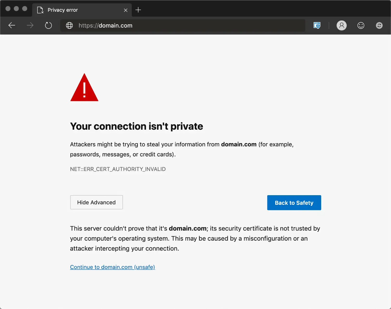 net::err_cert_authority_invalid privacy error on Microsoft Edge